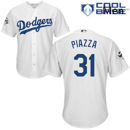 Mens Majestic Los Angeles Dodgers 31 Mike Piazza Replica White Home 2017 World Series Bound Cool Base MLB Jersey